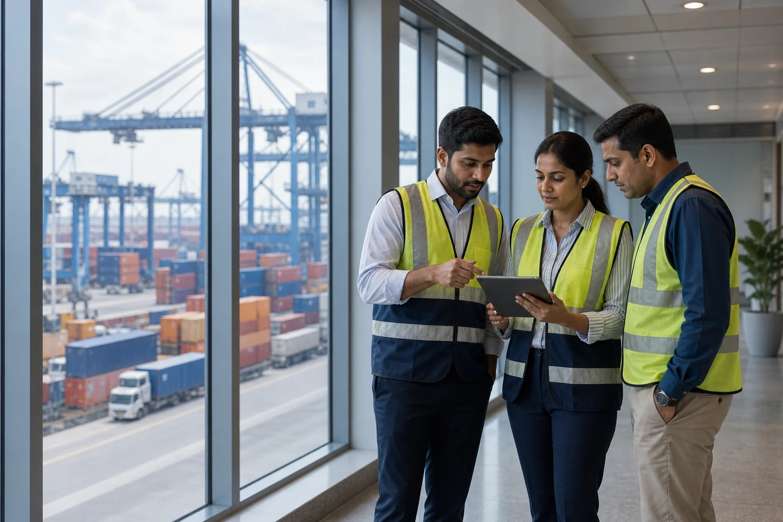 Indian logistics professionals reviewing a shipment plan at a container terminal