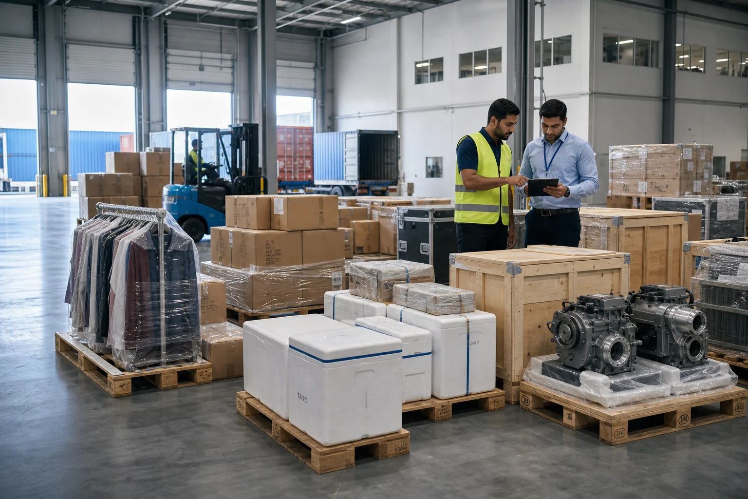 Commercial cargo from varied industries prepared for freight transport