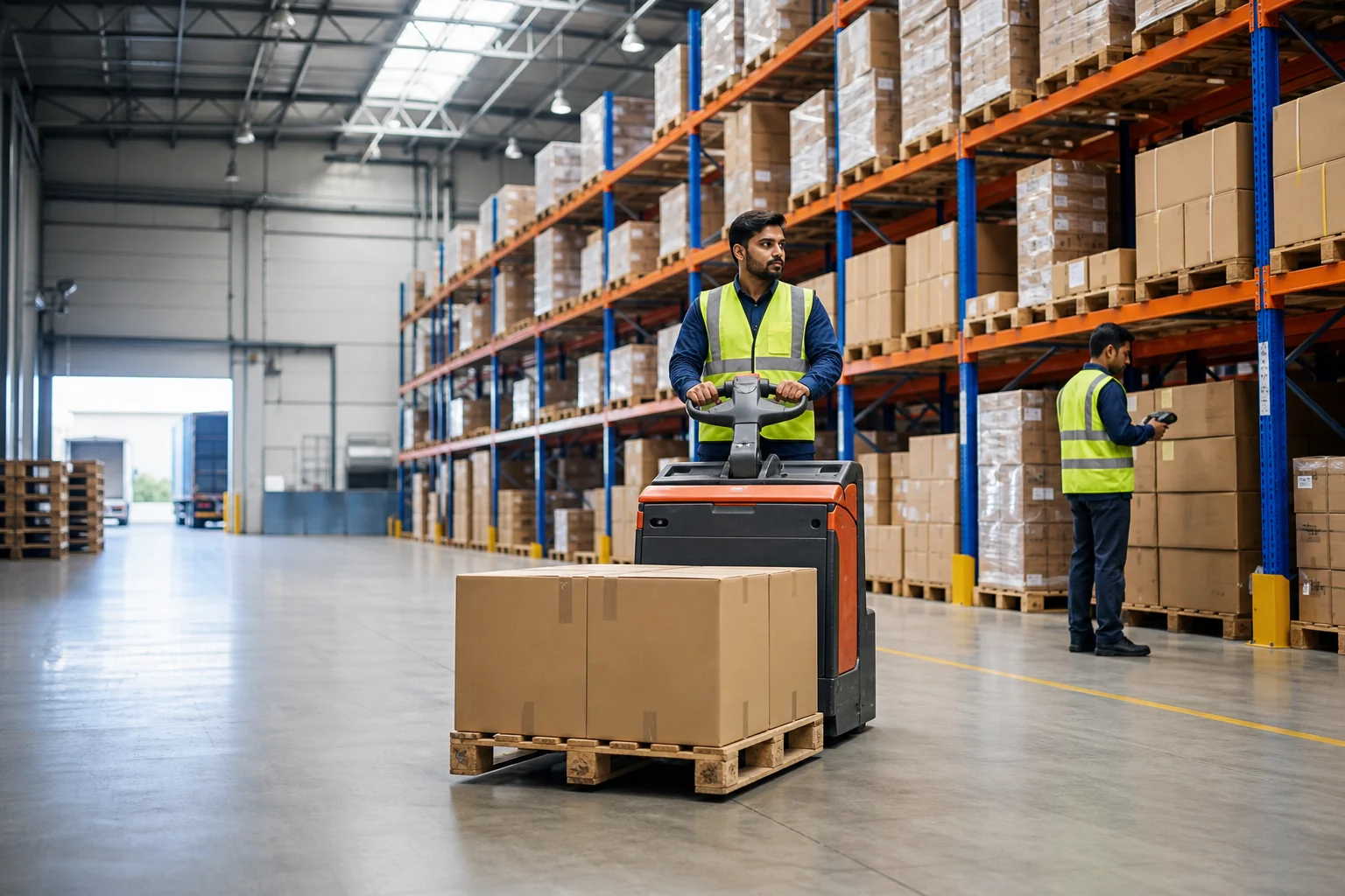 Modern warehouse team coordinating pallet movement and inventory